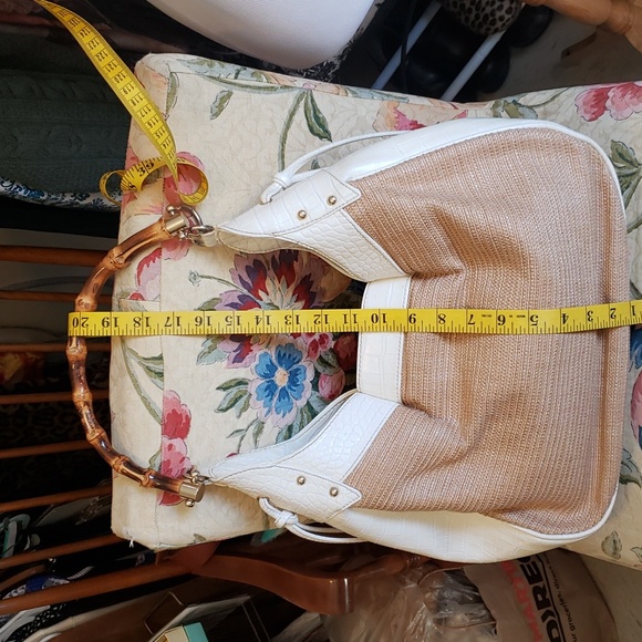 LOFT Woven and Off White Croc Embossed Shoulder Bag, with "Bamboo" Handle. - Picture 10 of 12